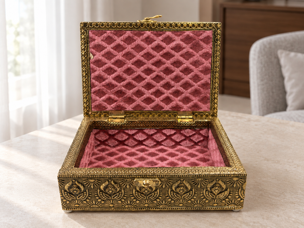 Open Mor Pankh antique gold tone jewellery box with rose coloured lining in a softly lit room