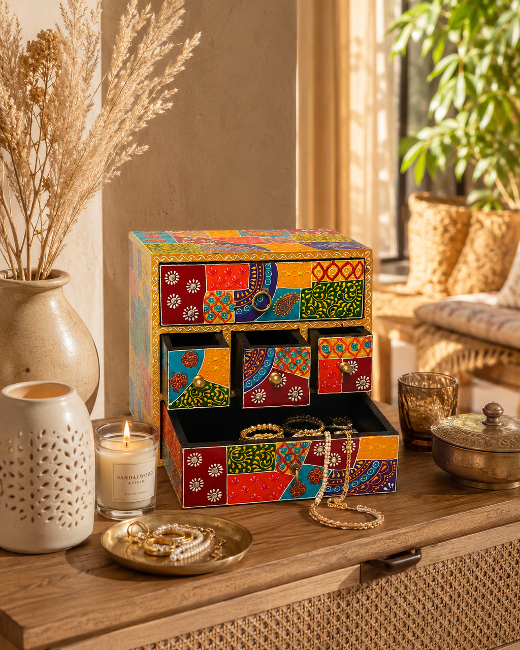Colourful jewellery organizer styled with necklaces and bracelets on a dressing table