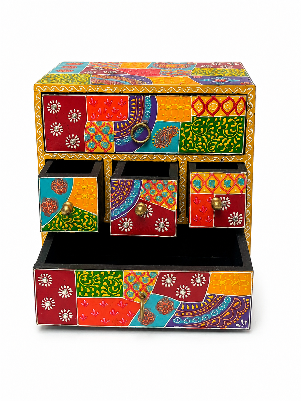 Open multicolour jewellery organizer showing five storage drawers