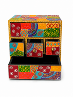 Open multicolour jewellery organizer showing five storage drawers