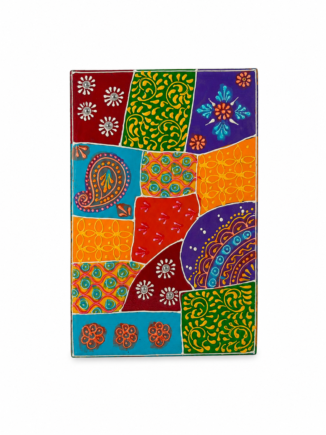 Rear view showing the colourful floral and paisley patchwork design
