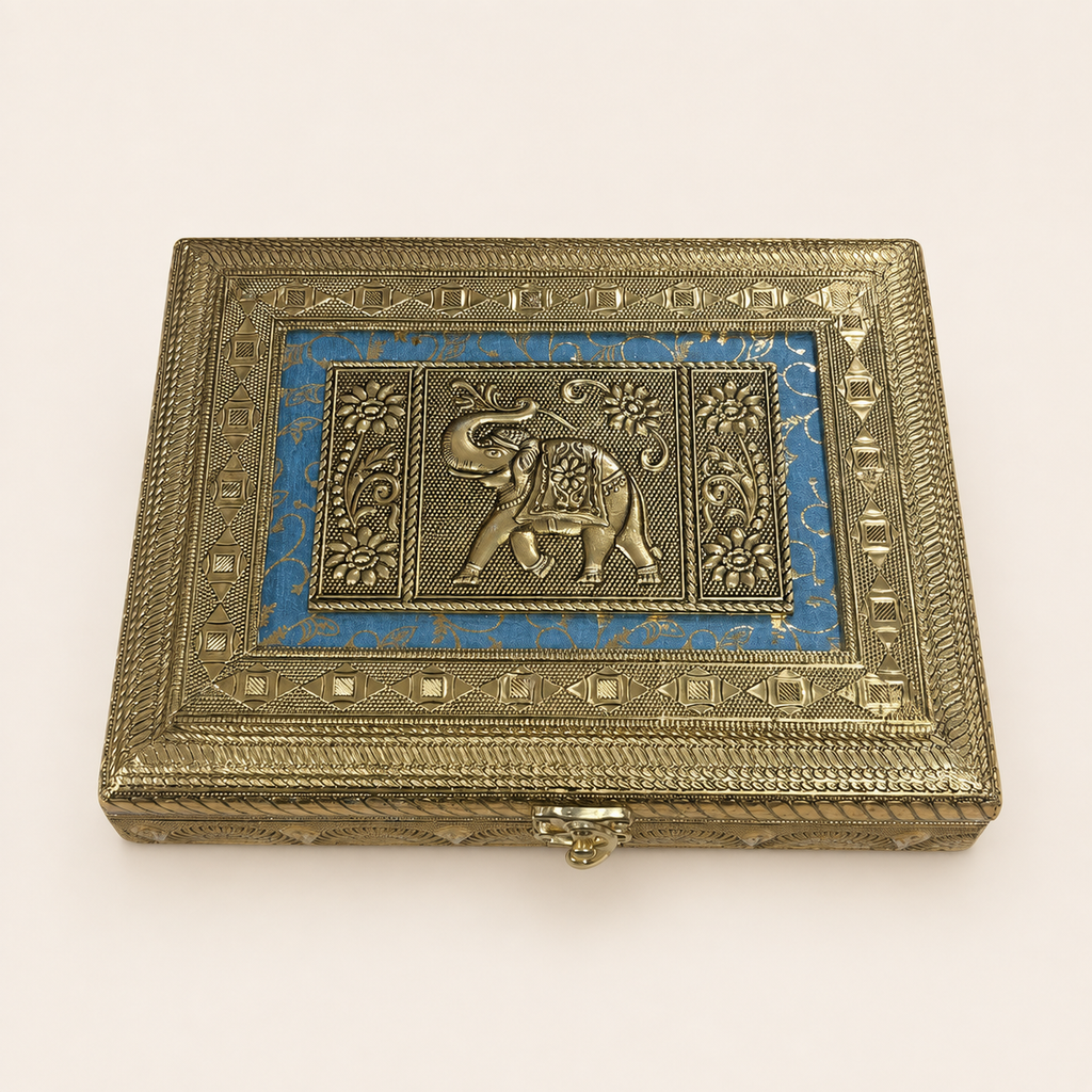 Neel Gaj blue and gold-tone jewellery box with a raised elephant motif, floral panels and ornate geometric borders