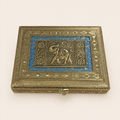 Neel Gaj blue and gold-tone jewellery box with a raised elephant motif, floral panels and ornate geometric borders