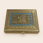 Neel Gaj blue and gold-tone jewellery box with a raised elephant motif, floral panels and ornate geometric borders