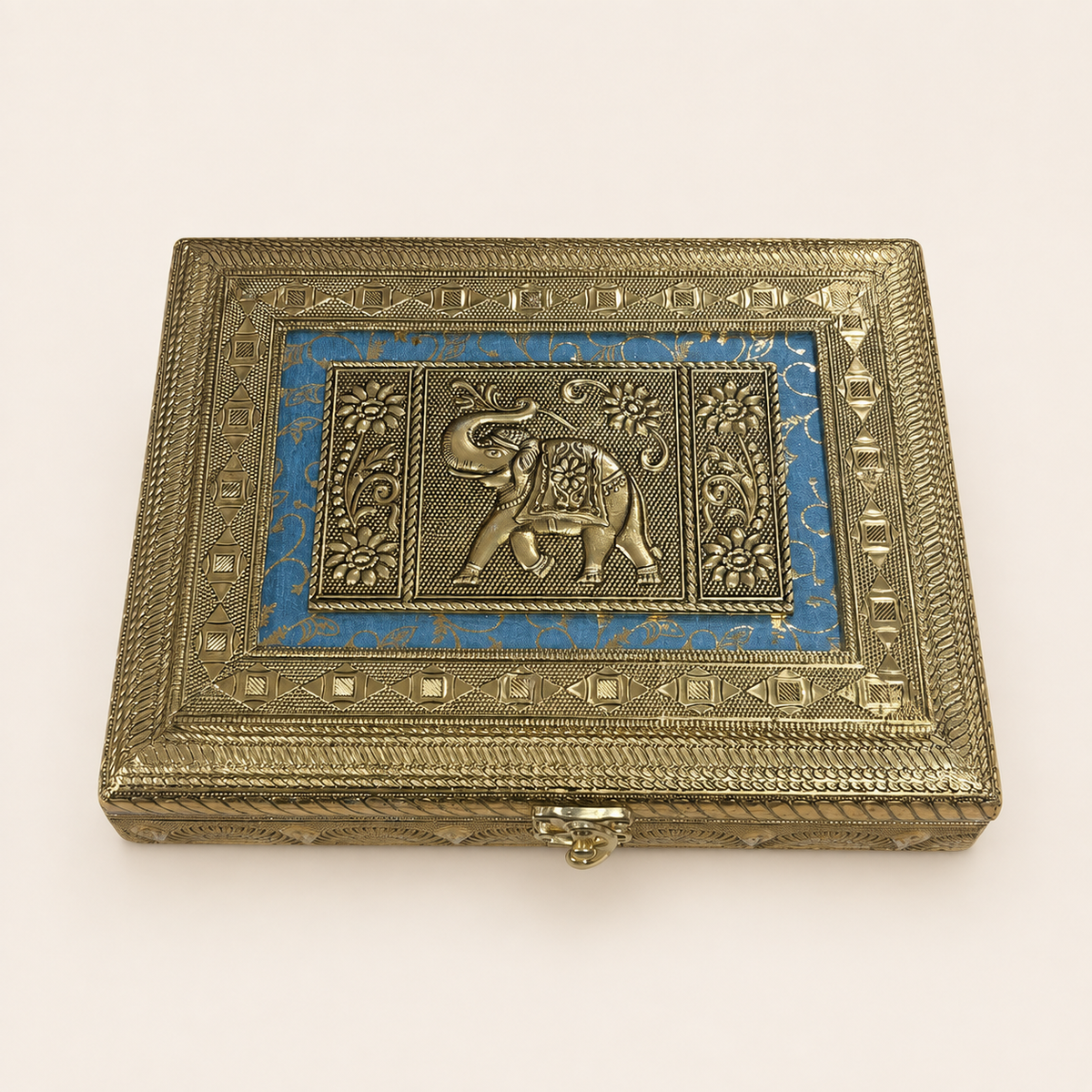 Neel Gaj blue and gold-tone jewellery box with a raised elephant motif, floral panels and ornate geometric borders