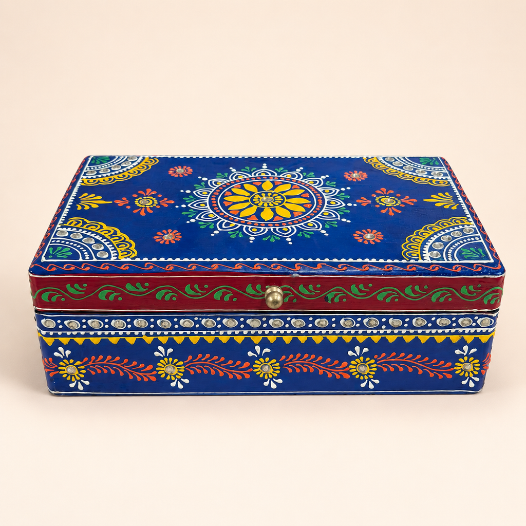 Neel Mandala decorative keepsake box with a blue floral lid, red band and reflective accents, front view