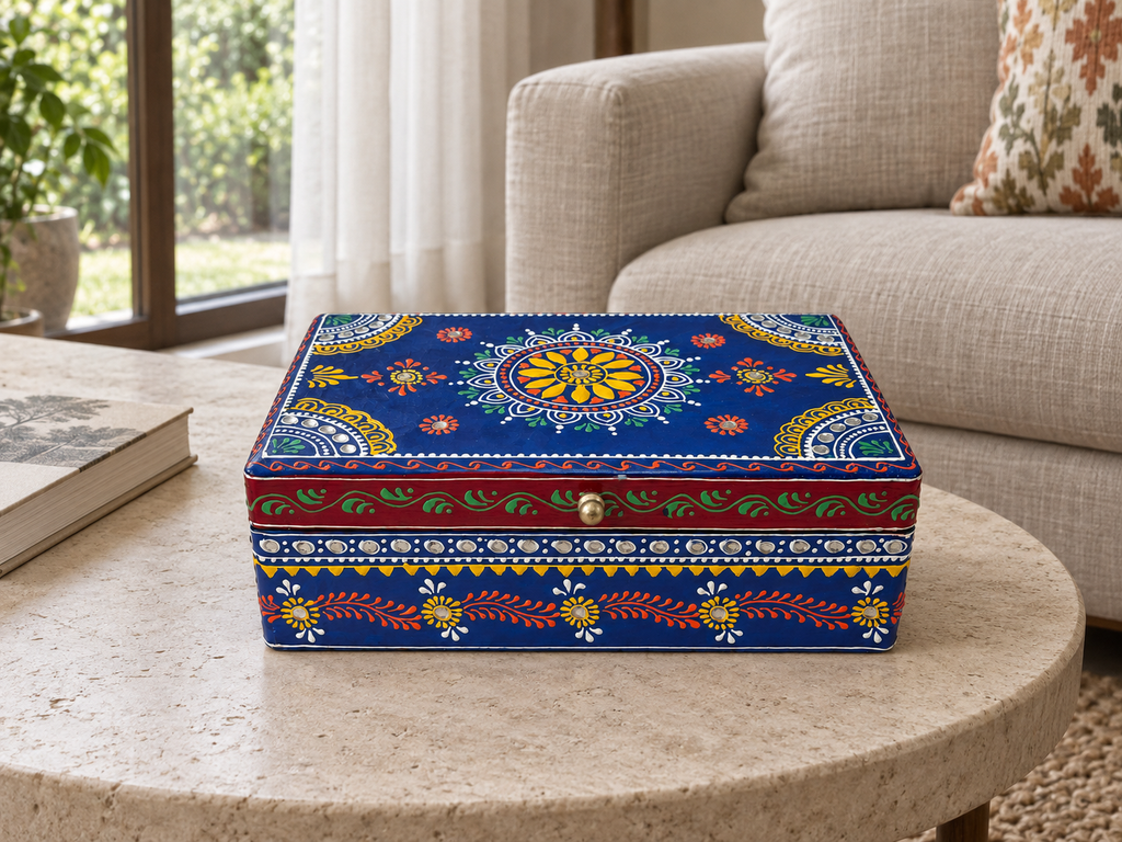 Neel Mandala blue keepsake box displayed on a stone coffee table beside a sofa