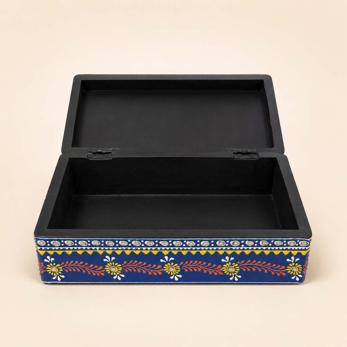 Neel Mandala keepsake box with hinged lid open, showing the black interior and storage compartment