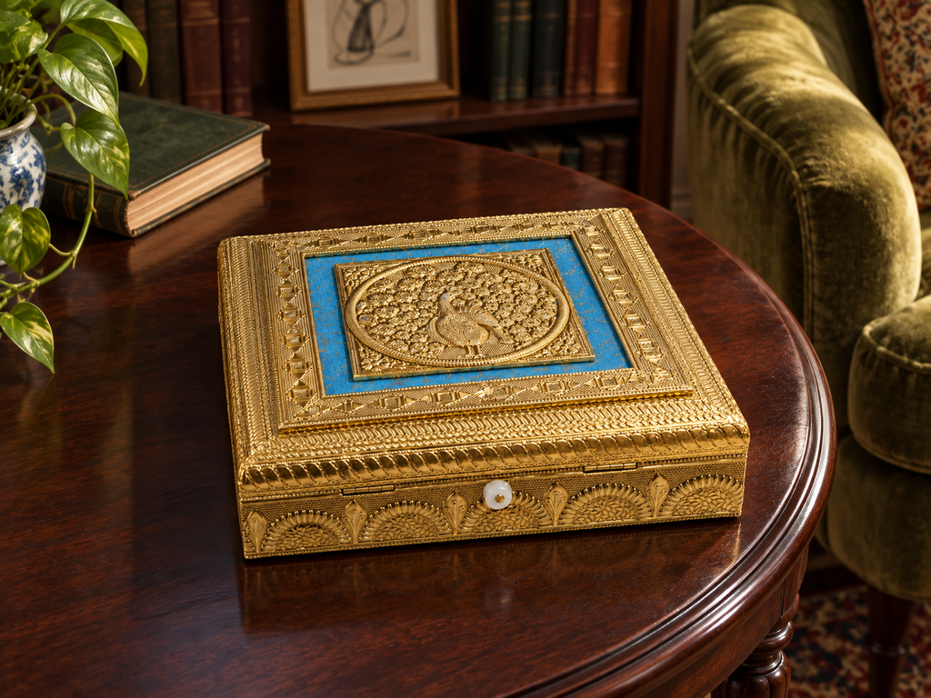 Neel Mayur blue and gold-tone peacock jewellery box displayed on a wooden desk