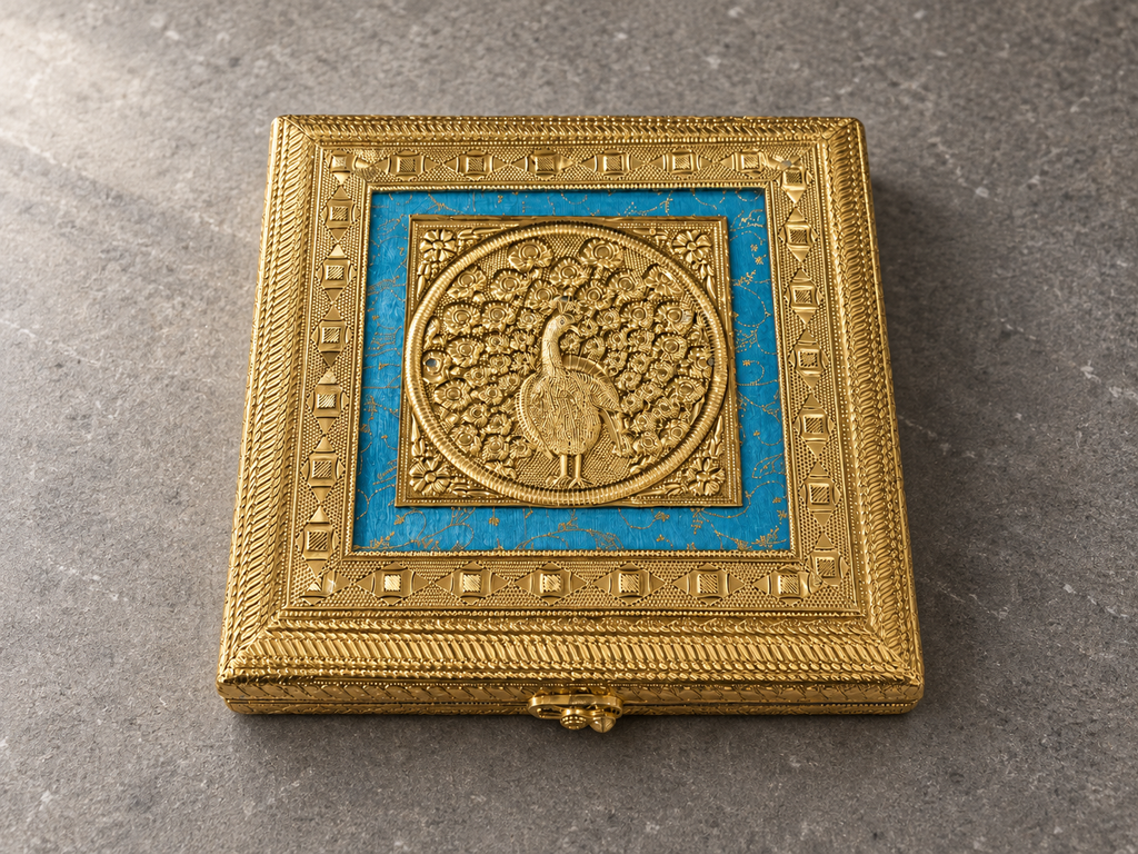 Detailed peacock lid and blue panel on the Neel Mayur square jewellery box displayed on a grey stone surface