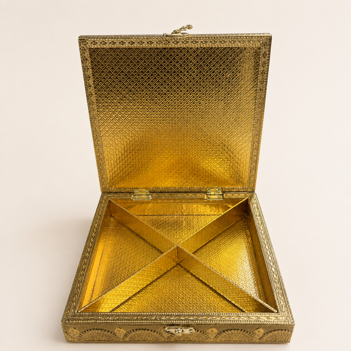 Open Neel Mayur jewellery box showing four triangular compartments and a patterned gold-tone interior