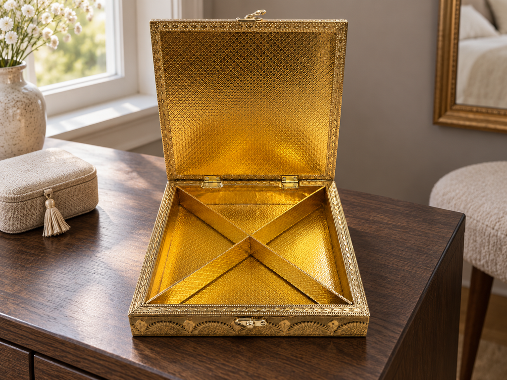 Open Neel Mayur square jewellery organiser with crossed dividers forming four triangular compartments on a dressing table