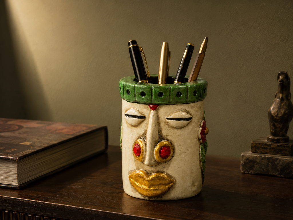 Nomad Bloom decorative face pen stand holding pens on a dark wood desk