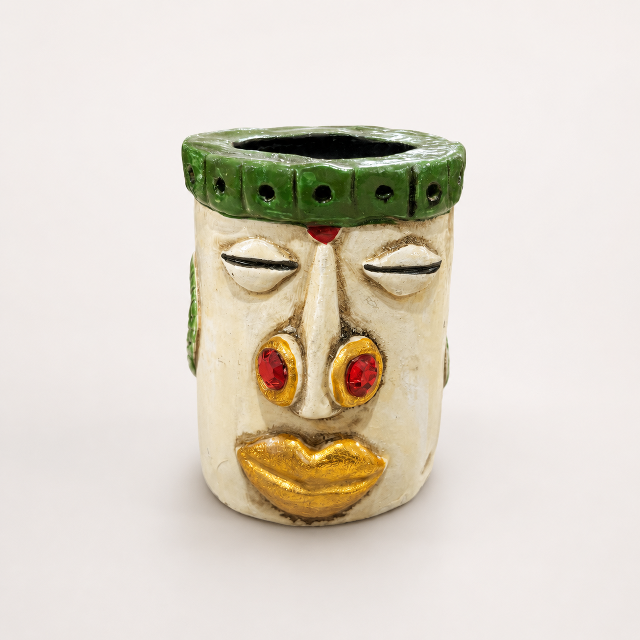 Nomad Bloom ivory and green decorative face pen stand, front view