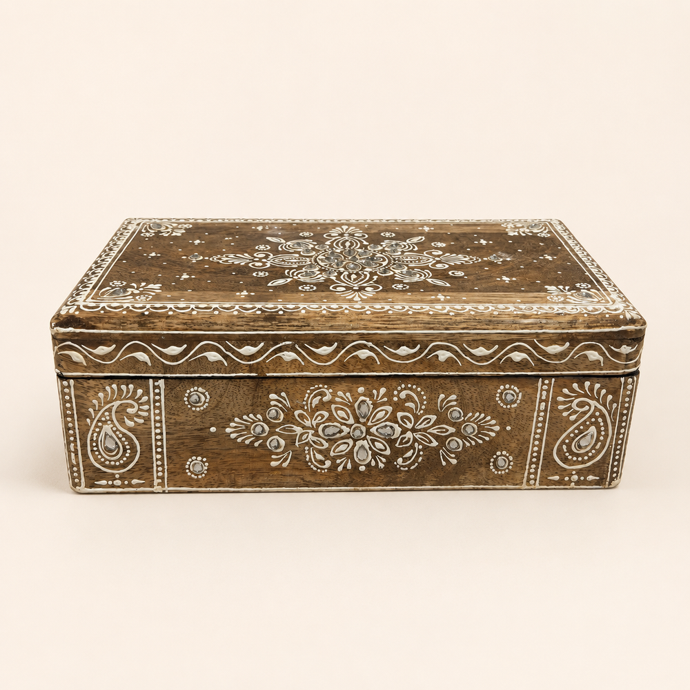Noor Paisley keepsake box with ivory floral and paisley patterns and mirror accents, front view