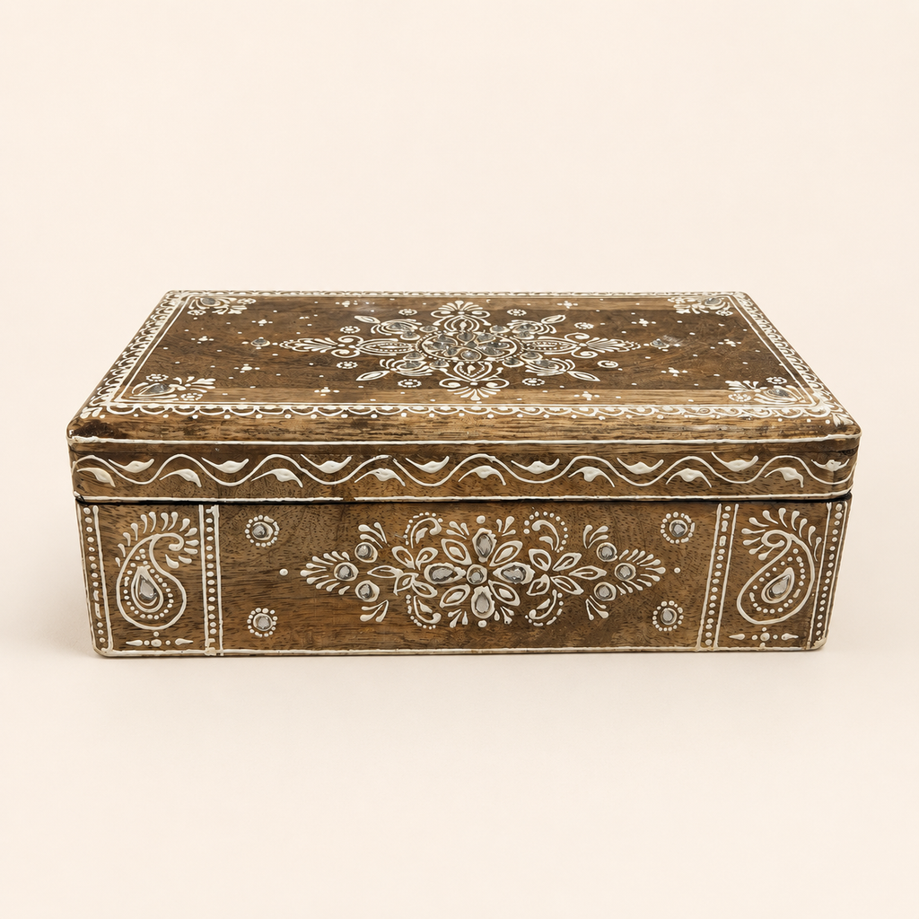 Noor Paisley keepsake box with ivory floral and paisley patterns and mirror accents, front view