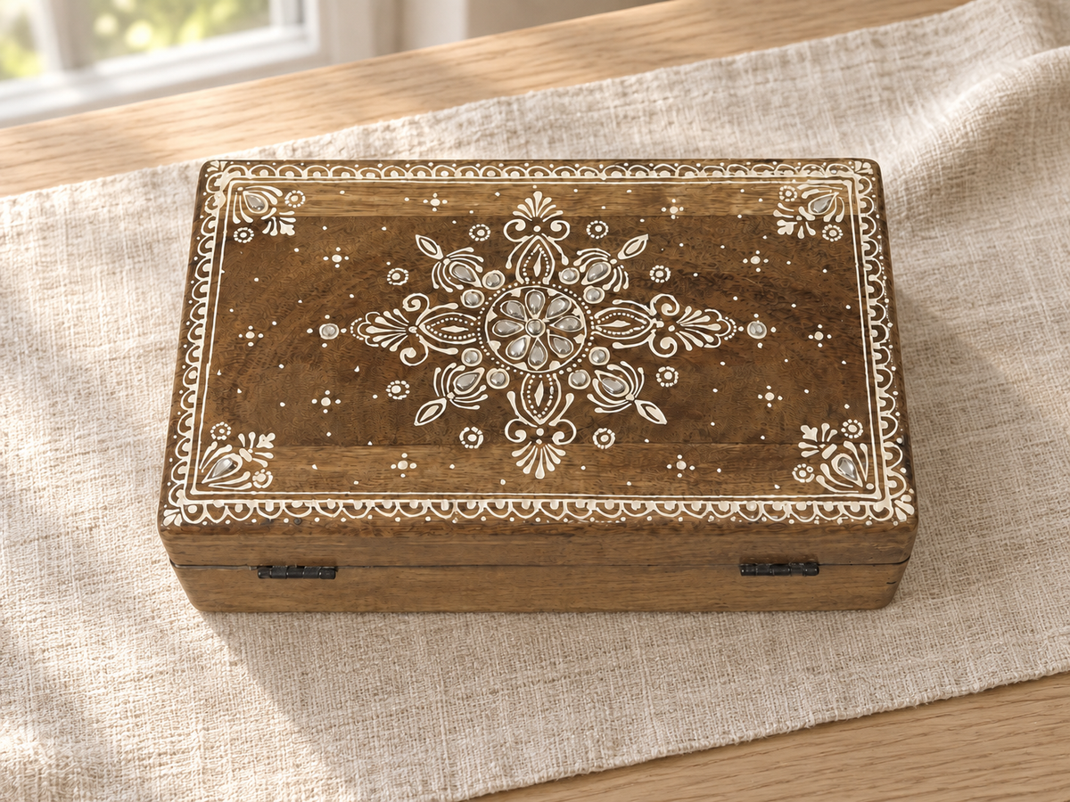 Top view of the Noor Paisley keepsake box on linen in morning light