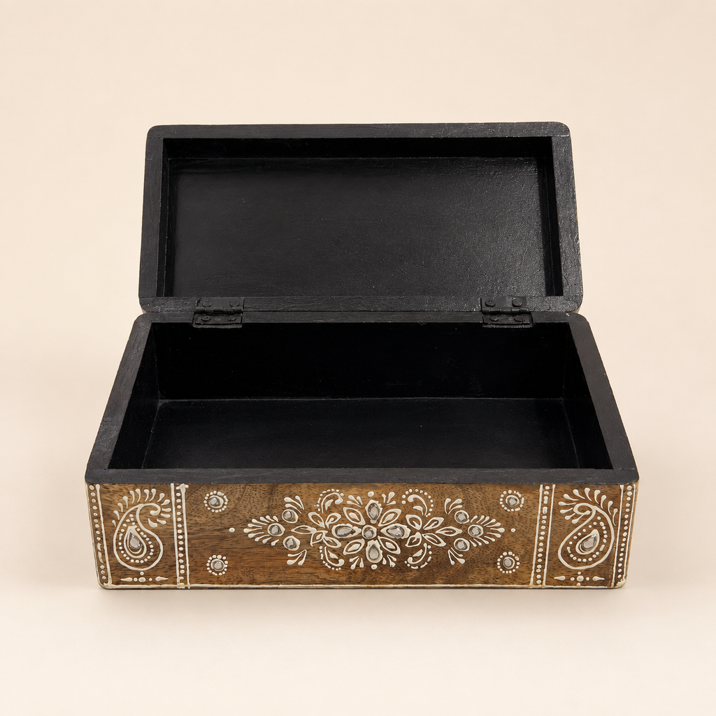 Open Noor Paisley keepsake box showing the hinged lid and single black compartment