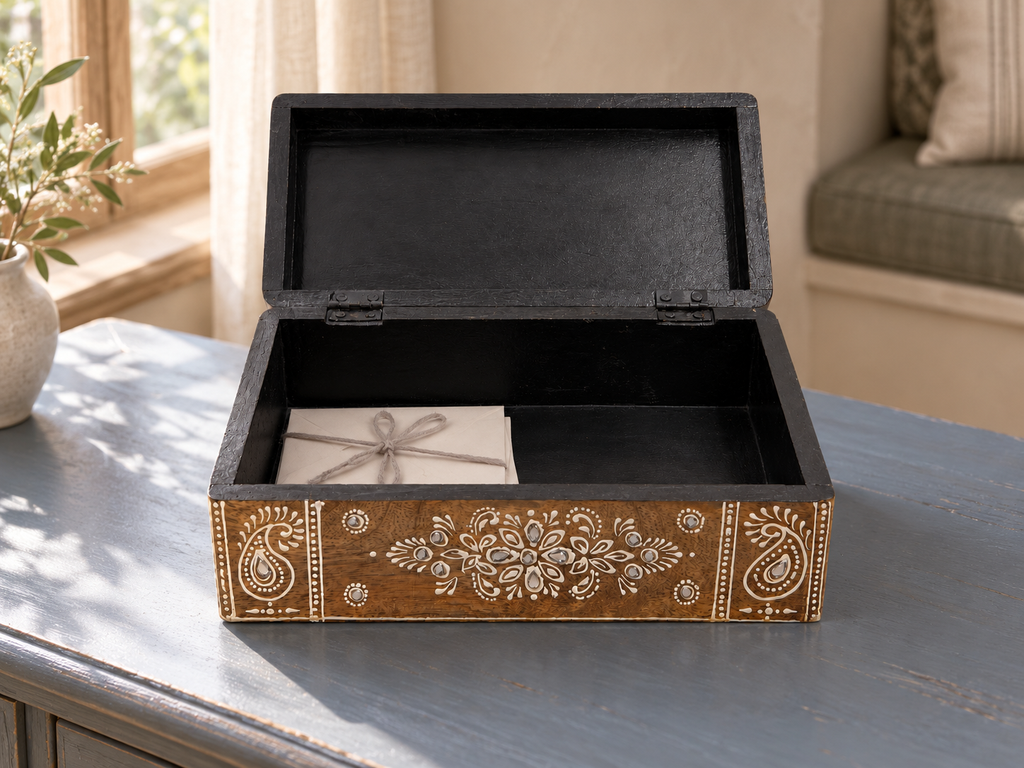 Open Noor Paisley keepsake box on a blue table, styled with a bundle of letters
