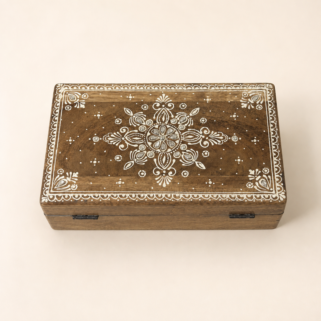 Top and back view of the Noor Paisley box showing a floral mirrorwork motif on a warm brown wood tone