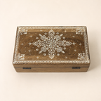 Top and back view of the Noor Paisley box showing a floral mirrorwork motif on a warm brown wood tone