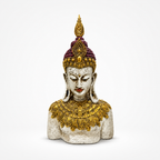 Ornate ivory, gold and burgundy Buddha bust sculpture, front view