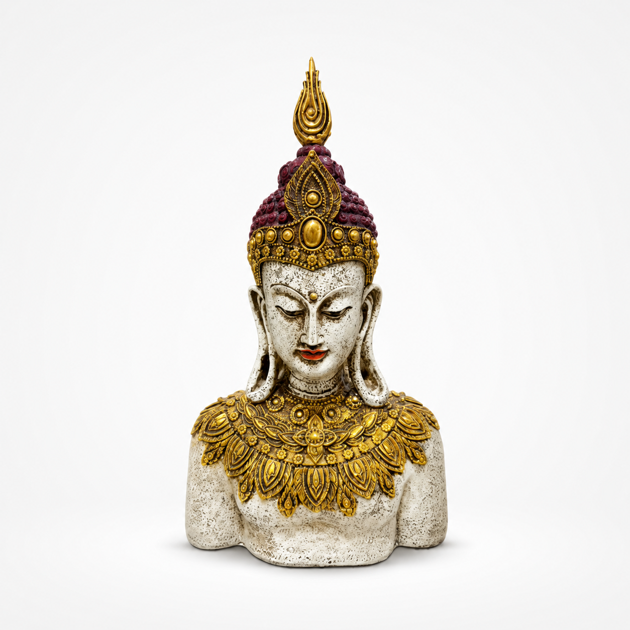 Ornate ivory, gold and burgundy Buddha bust sculpture, front view