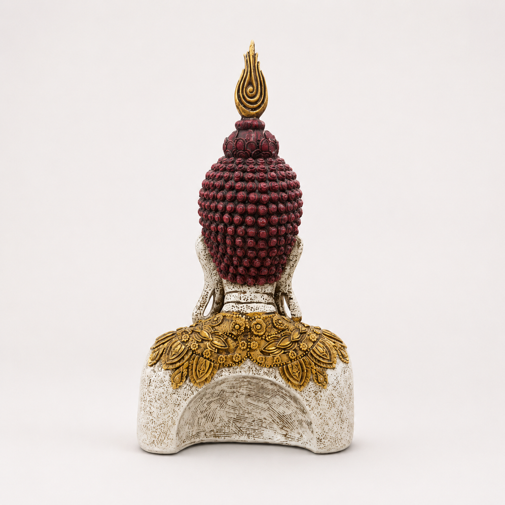 Ornate ivory, gold and burgundy Buddha bust sculpture, rear view