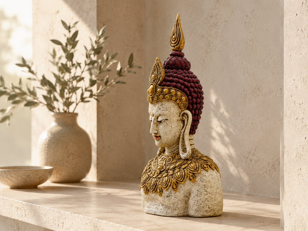 Ornate Buddha bust sculpture styled on a console, front three-quarter view