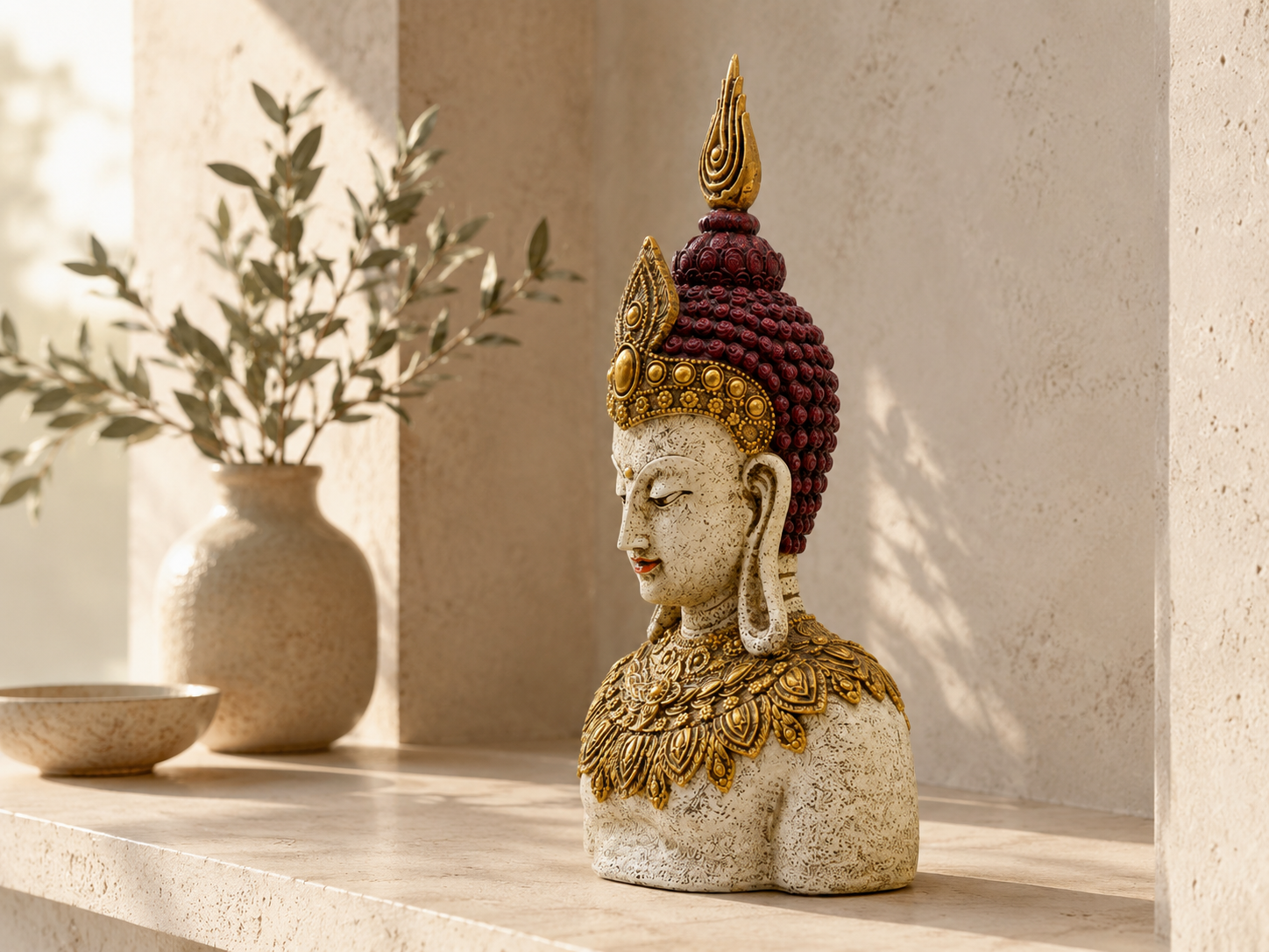 Ornate Buddha bust sculpture styled on a console, front three-quarter view