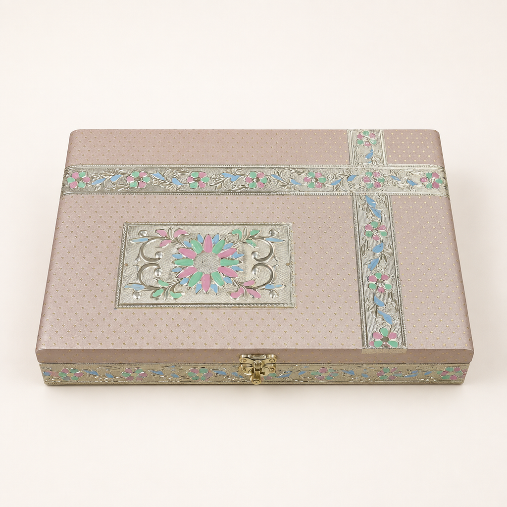 Pastel Gul jewellery organiser box with blush-pink lid, pastel floral panel and gold-tone clasp