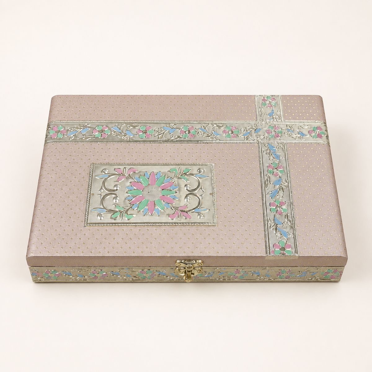 Pastel Gul jewellery organiser box with blush-pink lid, pastel floral panel and gold-tone clasp
