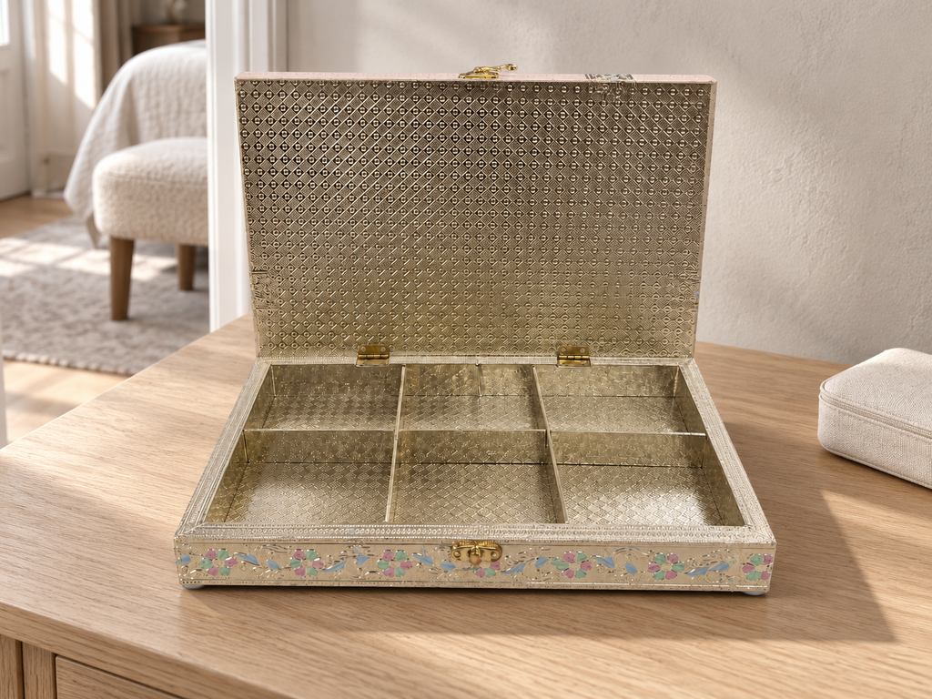 Pastel Gul jewellery organiser open on a wooden dresser, showing its six storage compartments