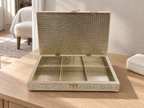 Pastel Gul jewellery organiser open on a wooden dresser, showing its six storage compartments