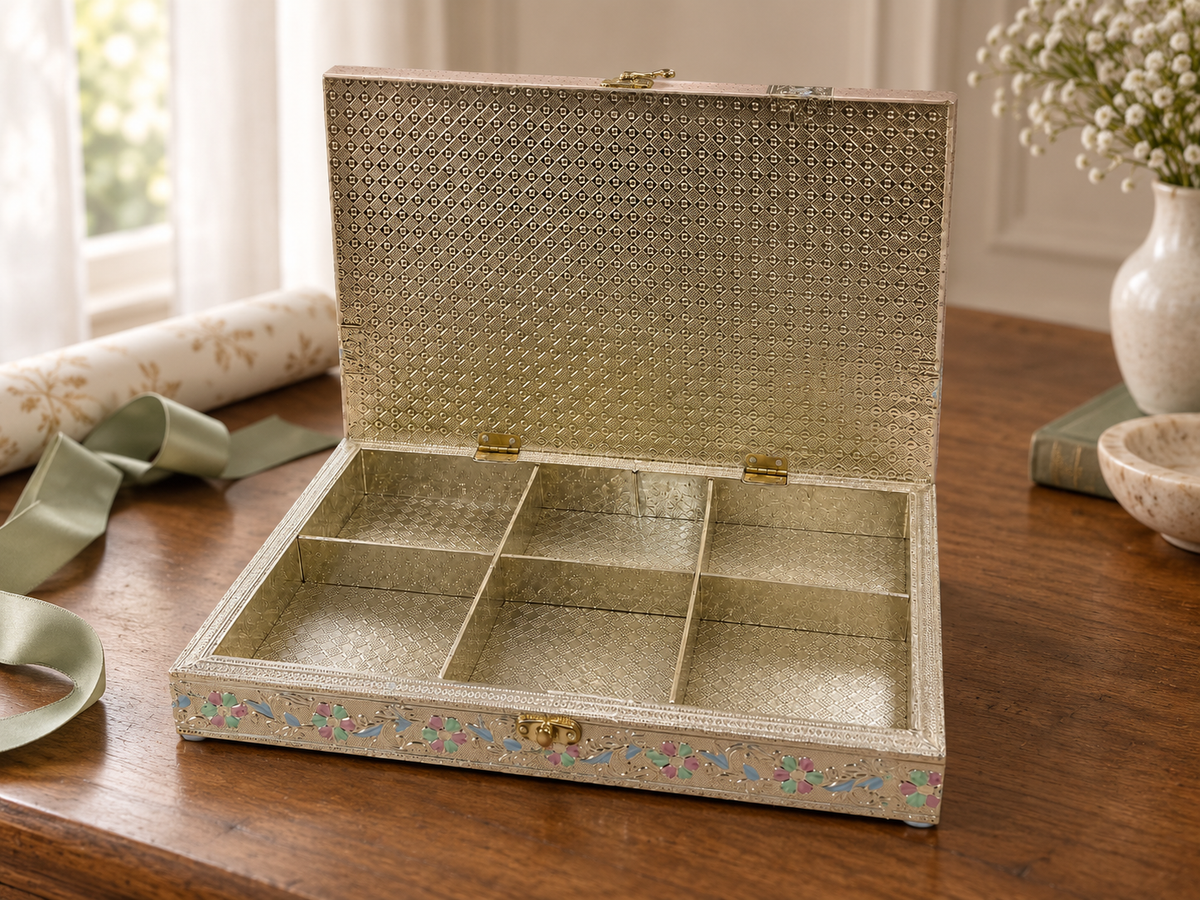Open six-compartment Pastel Gul jewellery box with floral borders displayed beside a green ribbon