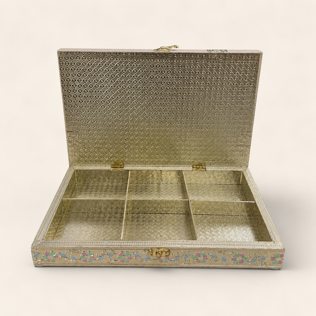 Open Pastel Gul floral jewellery box showing six compartments and a patterned metallic-tone interior
