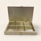 Open Pastel Gul floral jewellery box showing six compartments and a patterned metallic-tone interior
