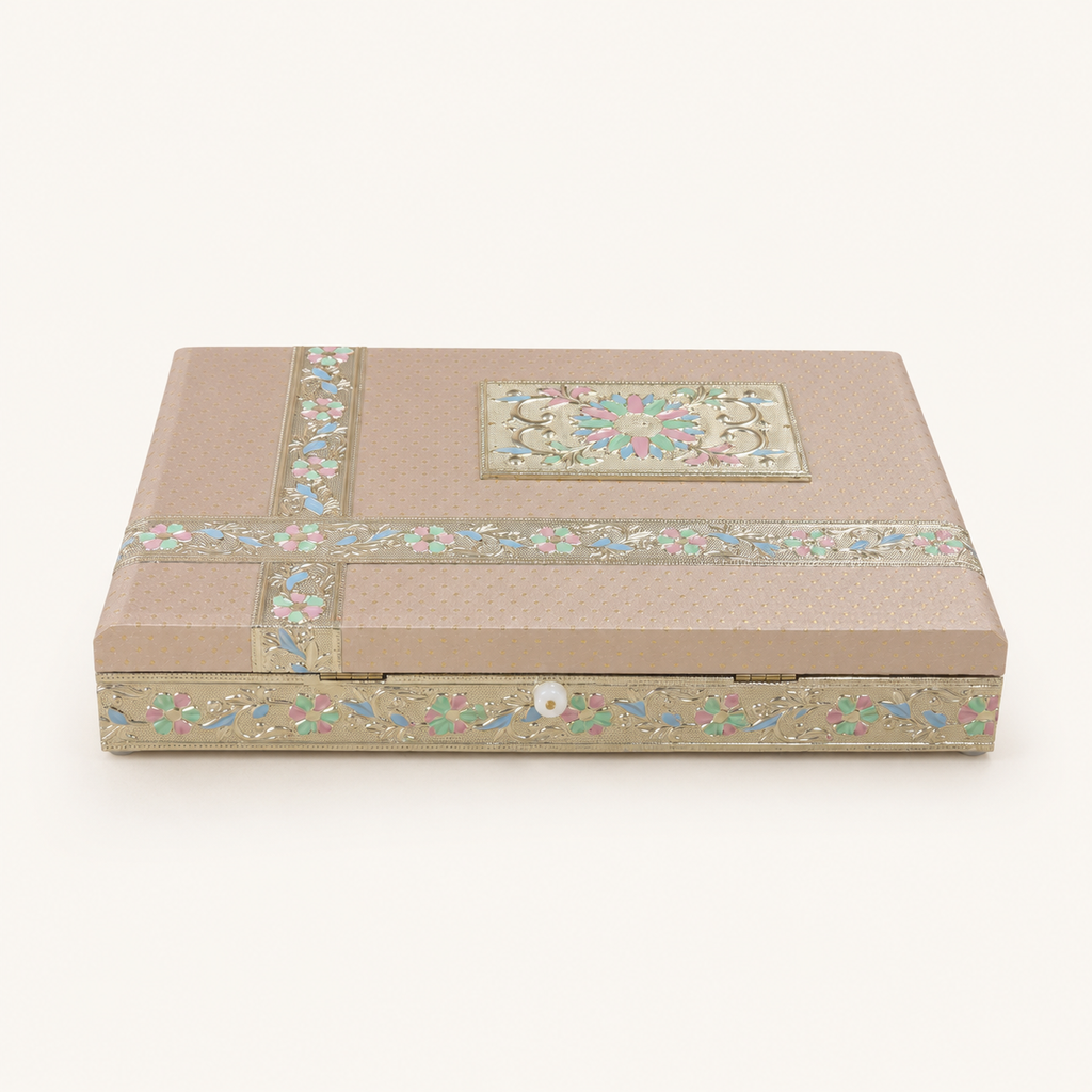 Rear view of the Pastel Gul blush-pink jewellery box with floral bands and lid hinges