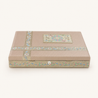Rear view of the Pastel Gul blush-pink jewellery box with floral bands and lid hinges