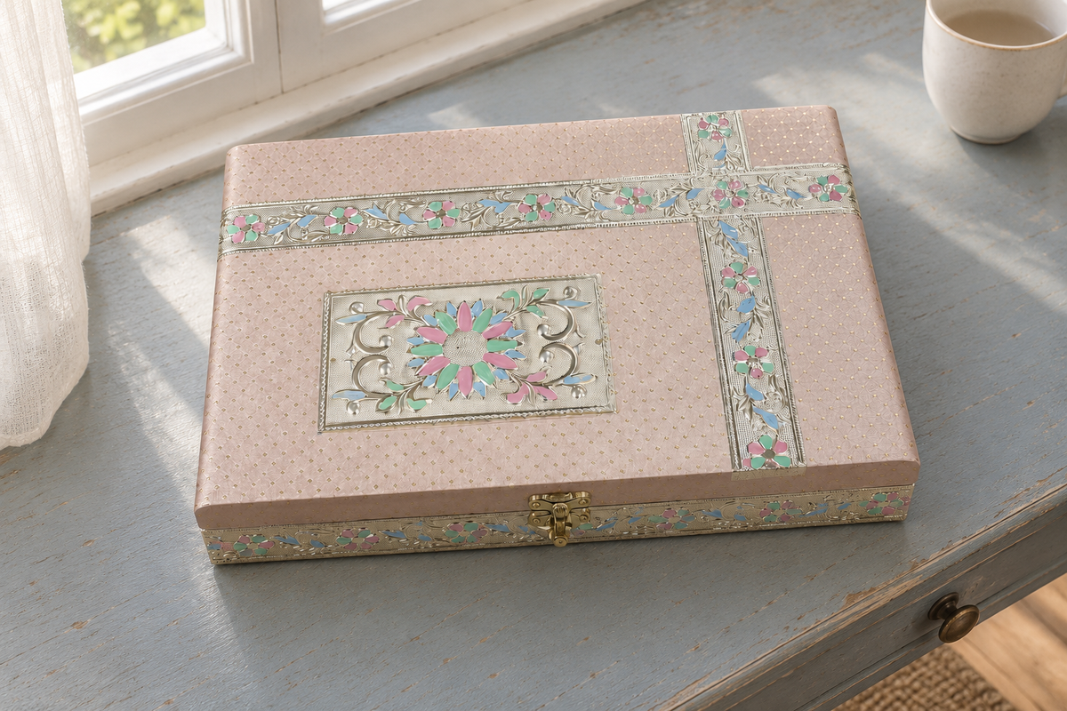 Pastel Gul floral jewellery organiser box displayed on a blue table beside a window