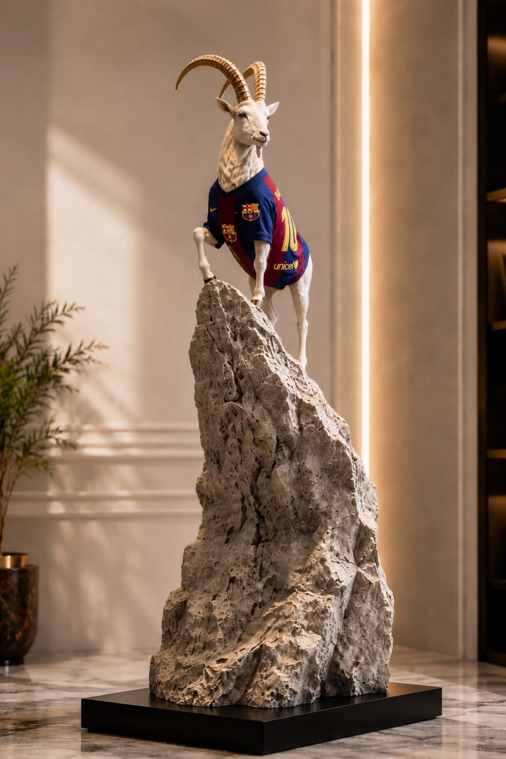Peak of Greatness Messi-inspired GOAT sculpture styled front view