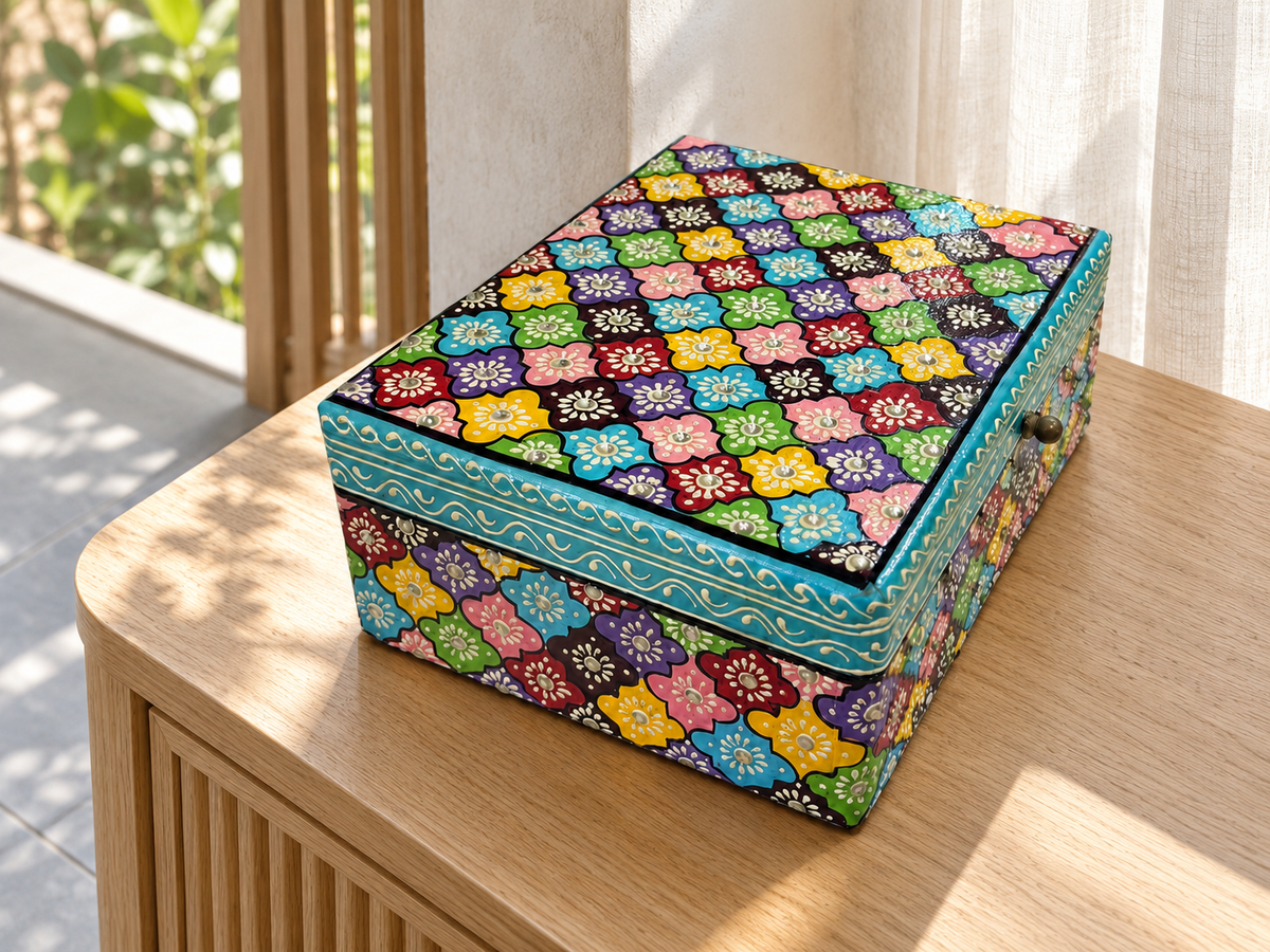 Phool Mosaic floral keepsake box displayed on a sunlit oak console