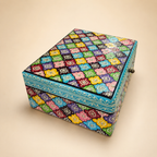 Angled view of Phool Mosaic keepsake box showing colourful floral lid and turquoise border