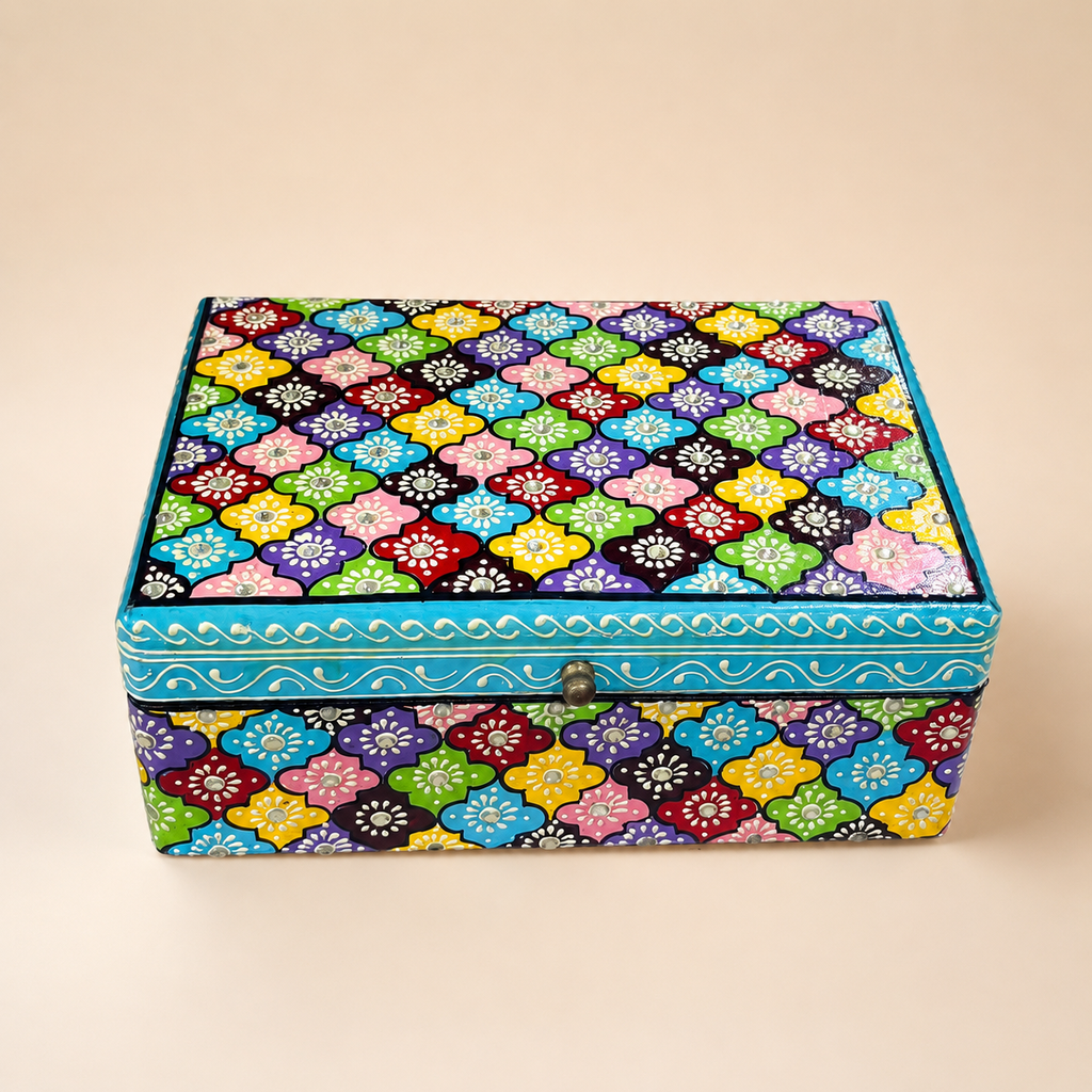 Phool Mosaic keepsake box with multicolour floral motifs and turquoise scroll border, front view