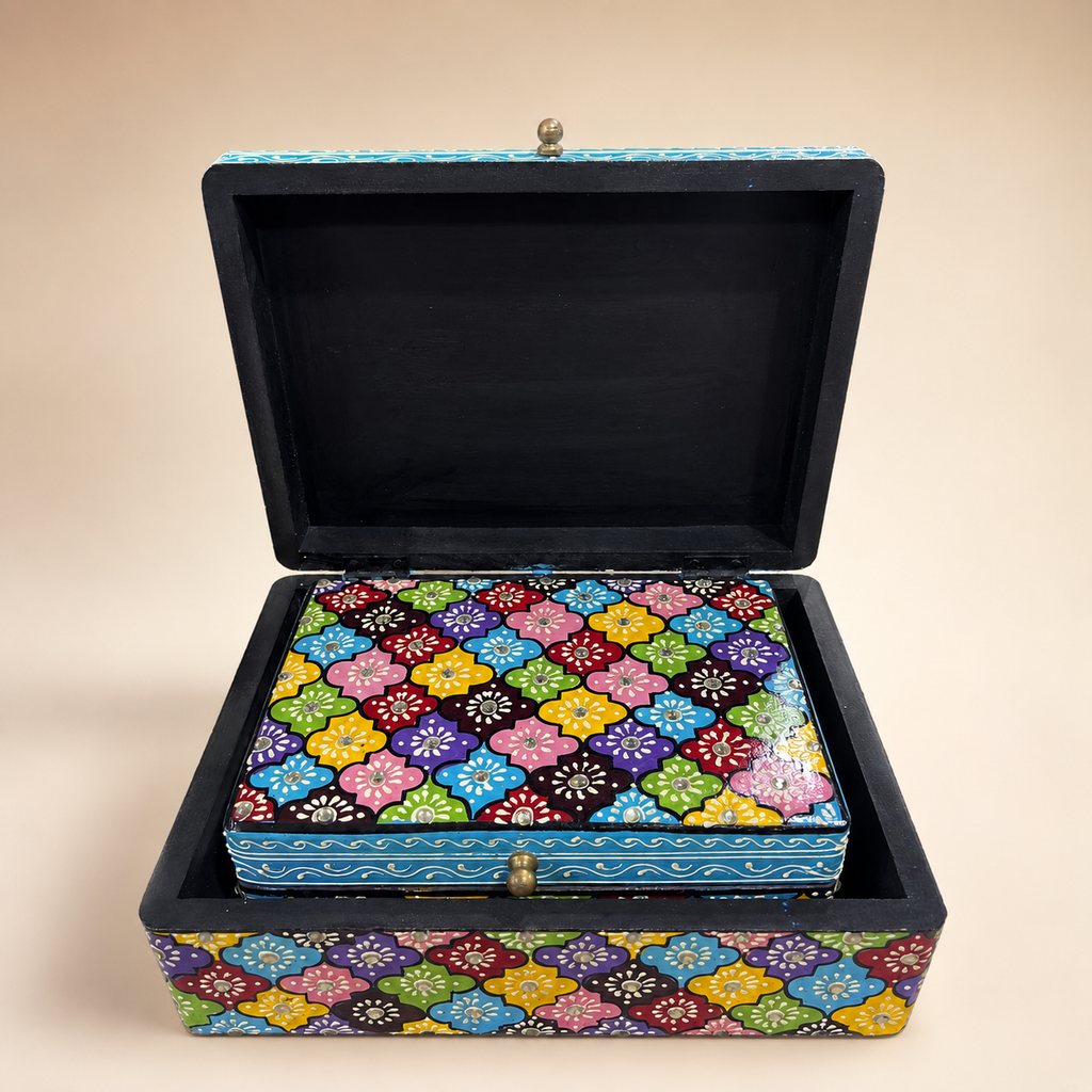 Phool Mosaic set of two keepsake boxes with the smaller matching box nested inside the open larger box
