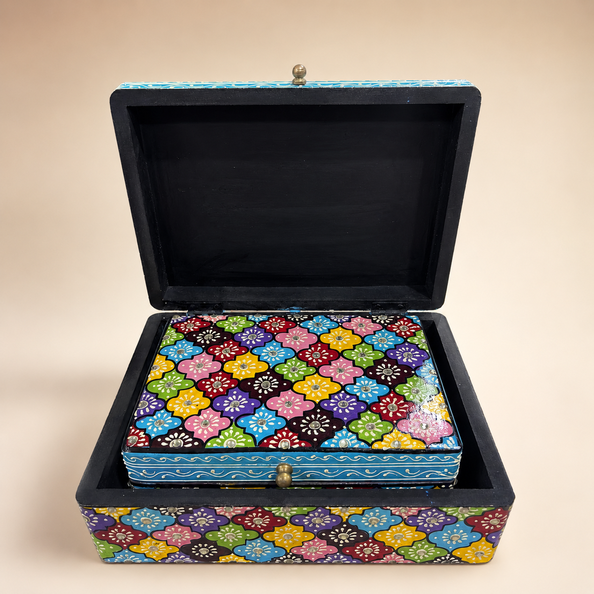 Phool Mosaic set of two keepsake boxes with the smaller matching box nested inside the open larger box