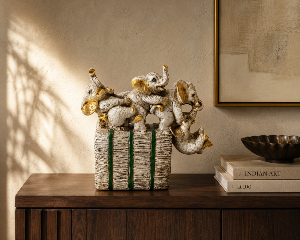Playful elephant parade decorative sculpture styled on a console