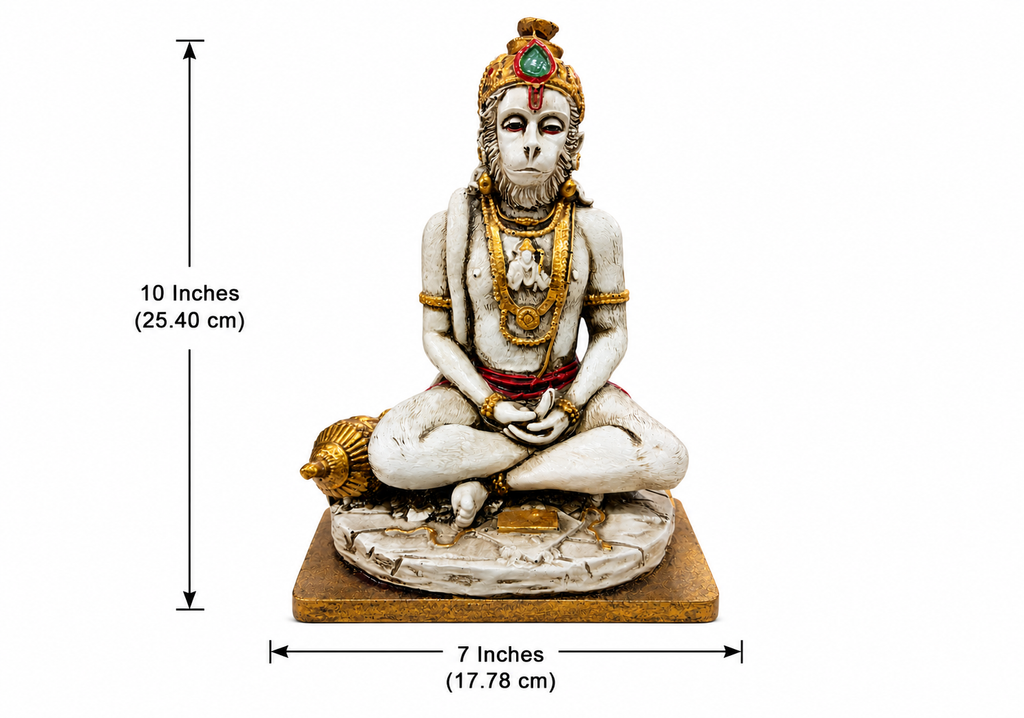 Hanuman idol dimension image showing 10 inches in height and 7 inches in width, 25.40 by 17.78 cm
