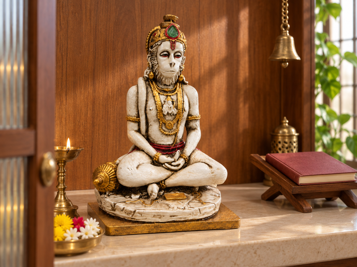 Seated Hanuman idol displayed in a teak shrine beside a lamp and prayer book