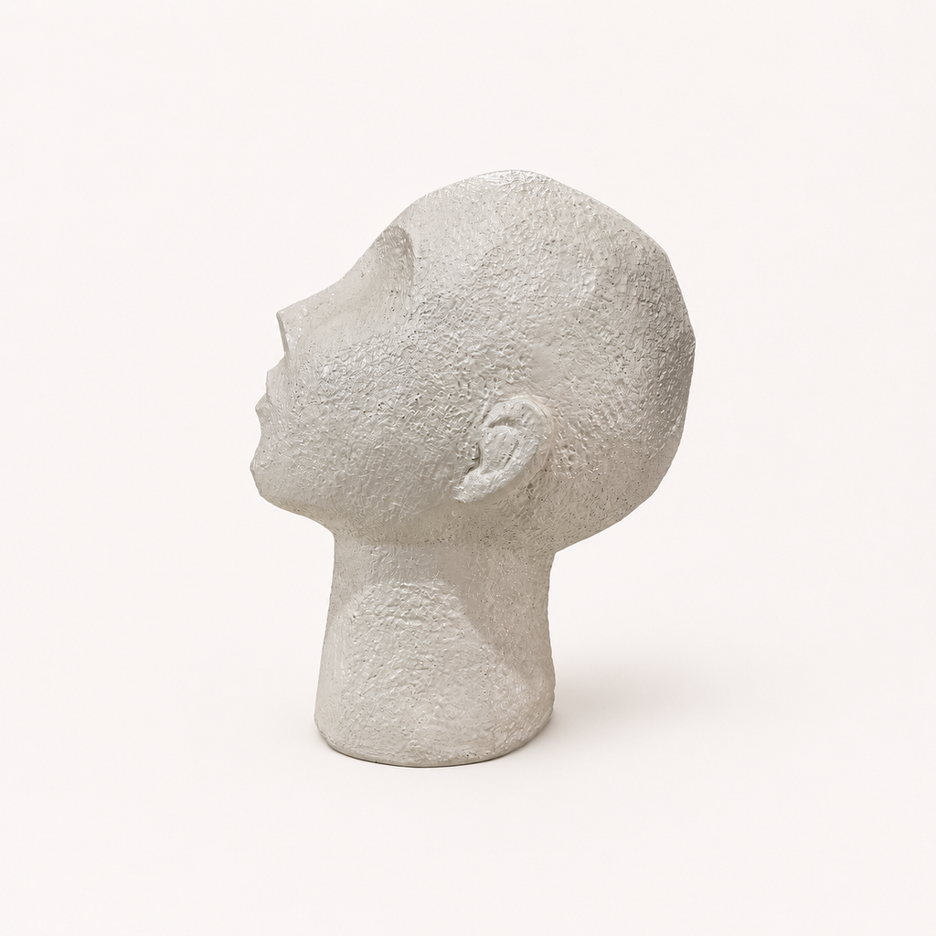Quiet Presence textured white abstract face sculpture, side profile